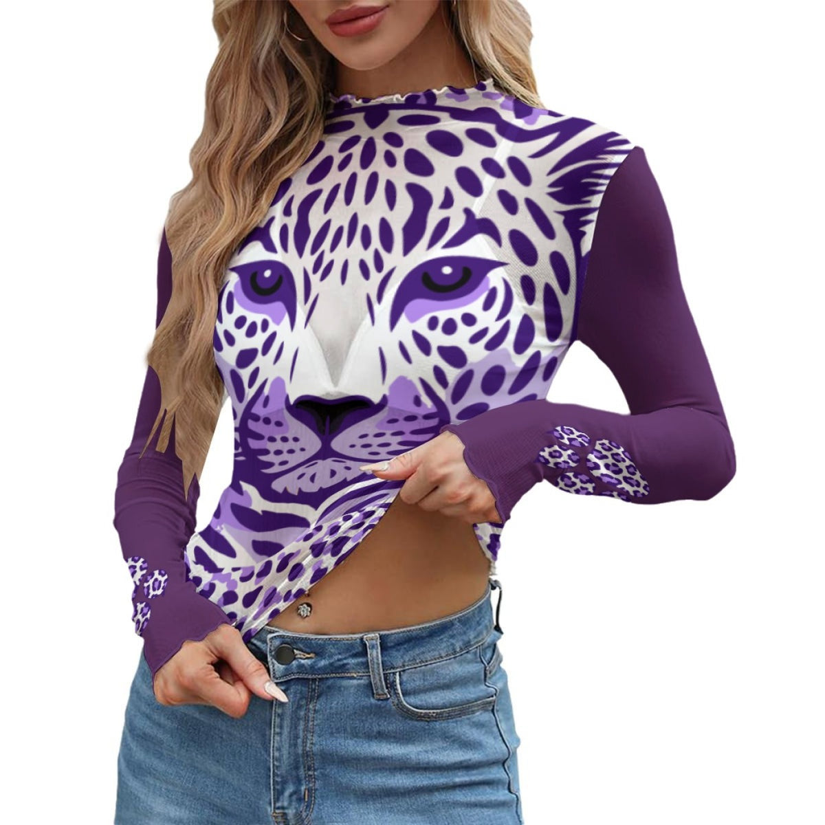 Purple Leopard Face Mesh Top