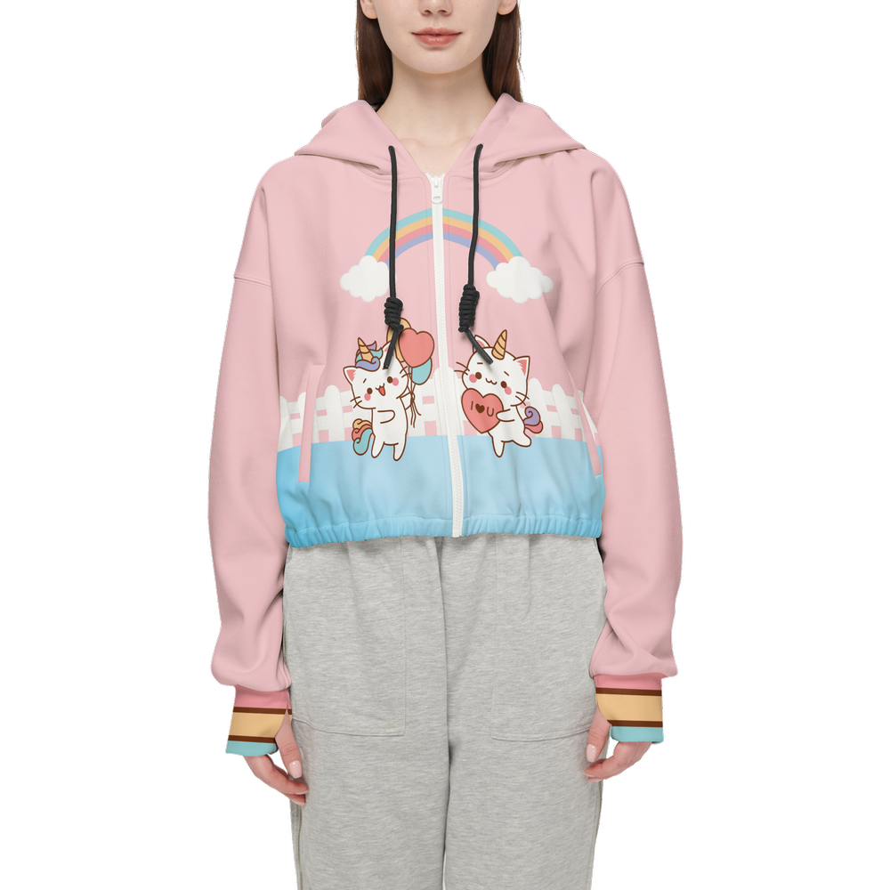 Happy Day Kawaii Cropped Full-Zip Hoodie-Super Heavy 375g