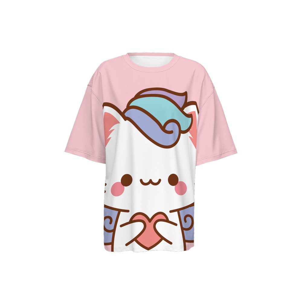 Kawaii Cat with Heard Women’s Oversized Short-Sleeve T-Shirt-Heavyweight 225g