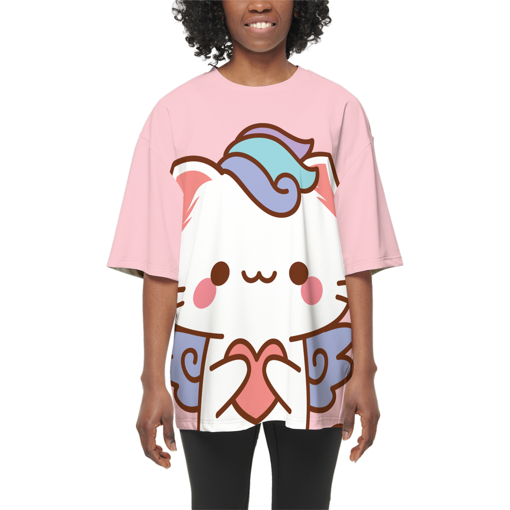 Kawaii Cat with Heard Women’s Oversized Short-Sleeve T-Shirt-Heavyweight 225g