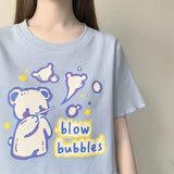 Kawaii Blue Bear Print Graphic Cropped T Shirt