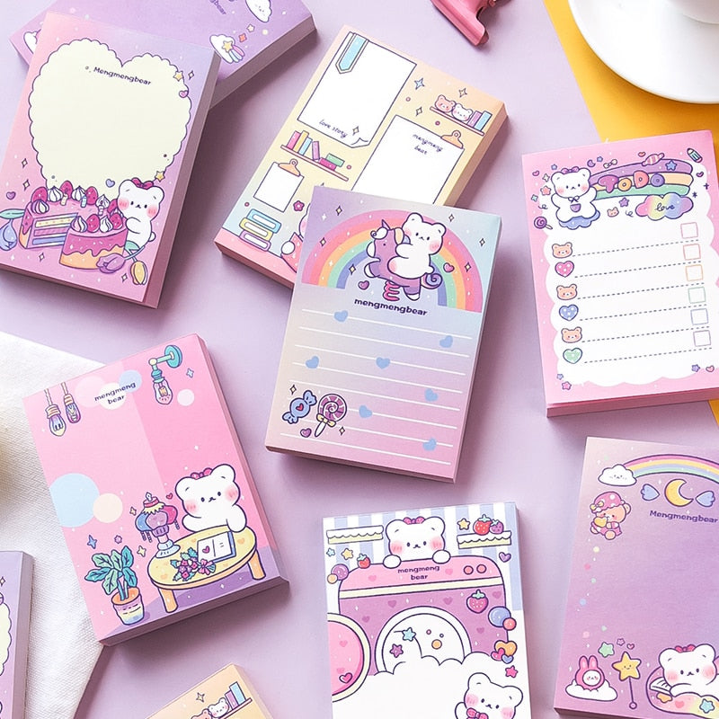 100 pcs Kawaii Cartoon Rainbow Bear Memo Pad