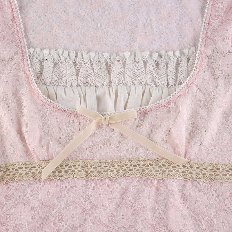 Pink/Blue Lace Trim Crop Tshirt