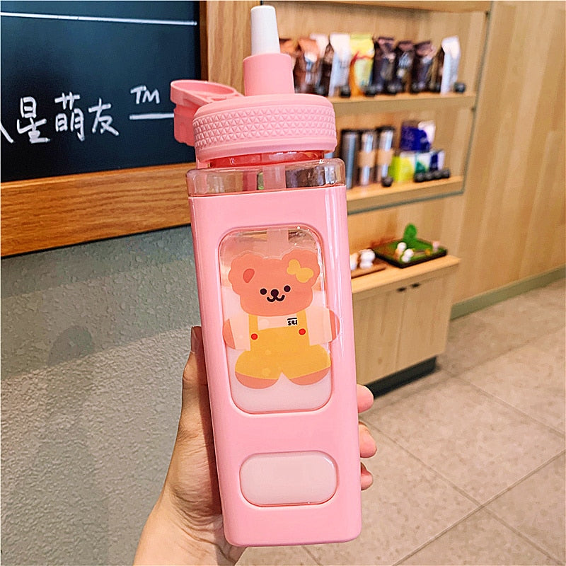 Kawaii Cartoon Plastic Water Bottle With Straw 700/900ml