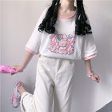 Harajuku Kawaii Pink White Short Sleeve Cartoon Graphic T-shirt