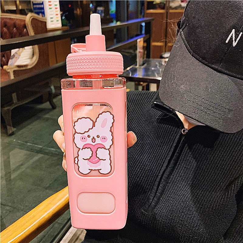 Kawaii Cartoon Plastic Water Bottle With Straw 700/900ml