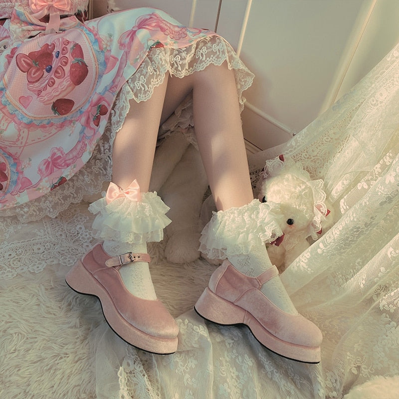 Cute white Lolita lace pink bow socks