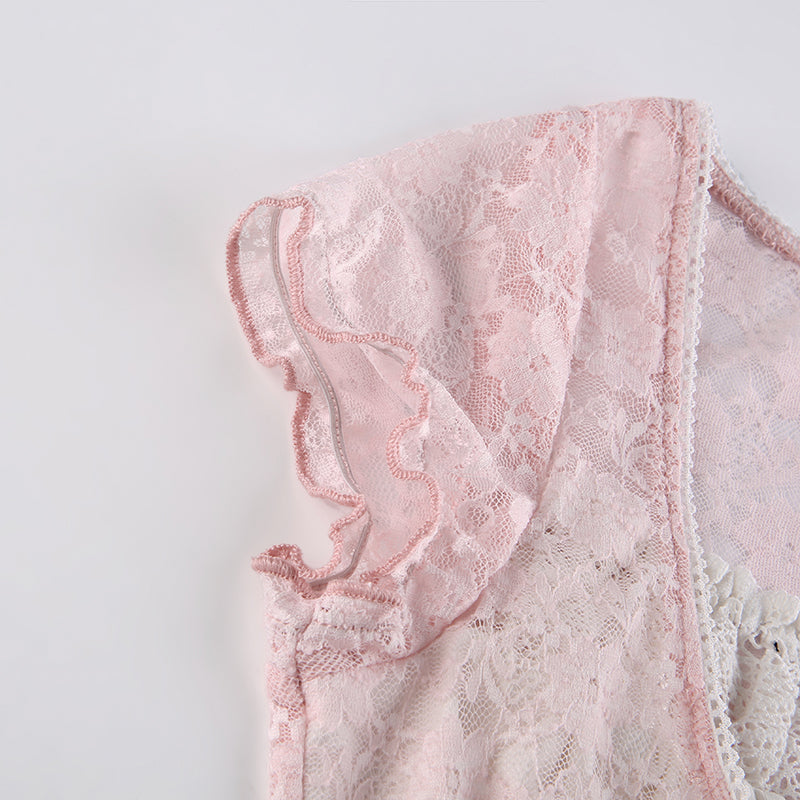 Pink/Blue Lace Trim Crop Tshirt