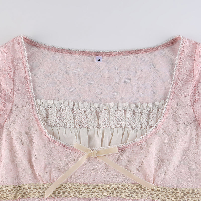 Pink/Blue Lace Trim Crop Tshirt