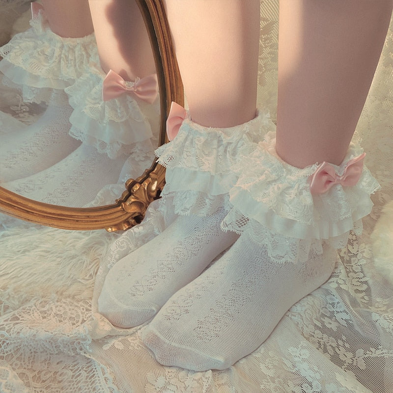 Cute white Lolita lace pink bow socks