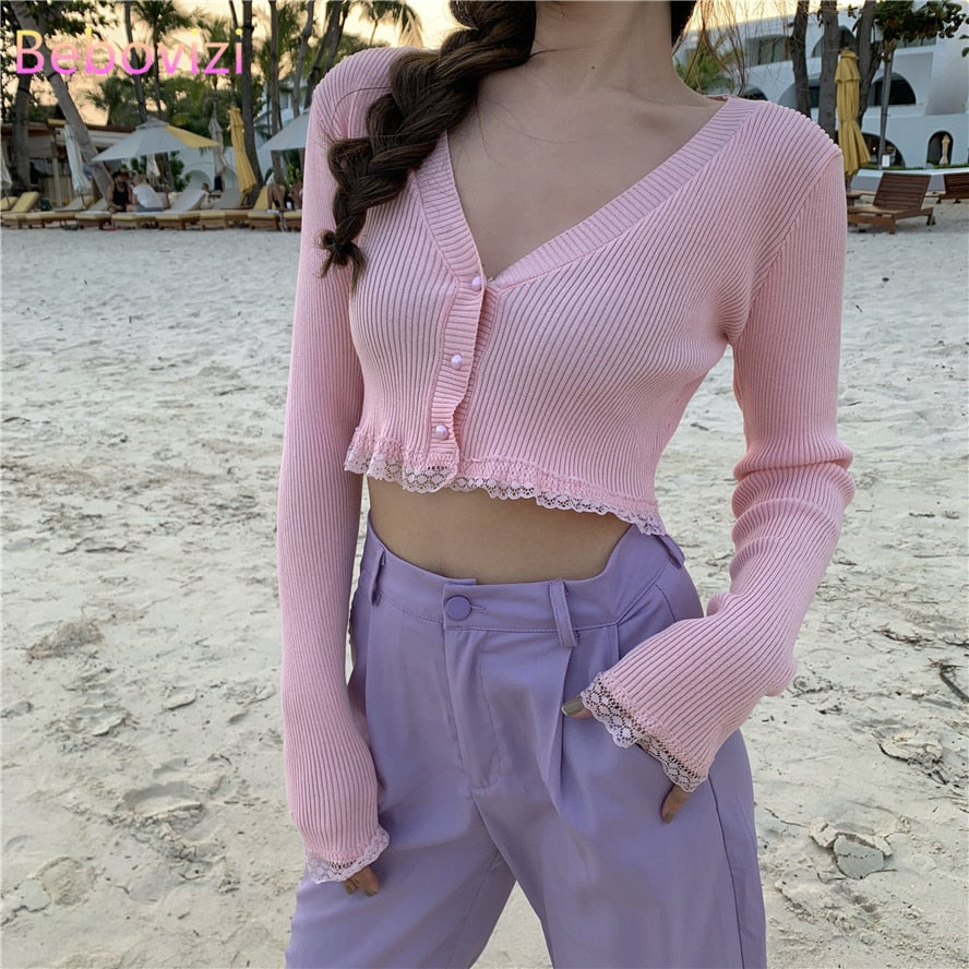 Cropped Button Long Sleeve Cardigan Pink Black Green Black