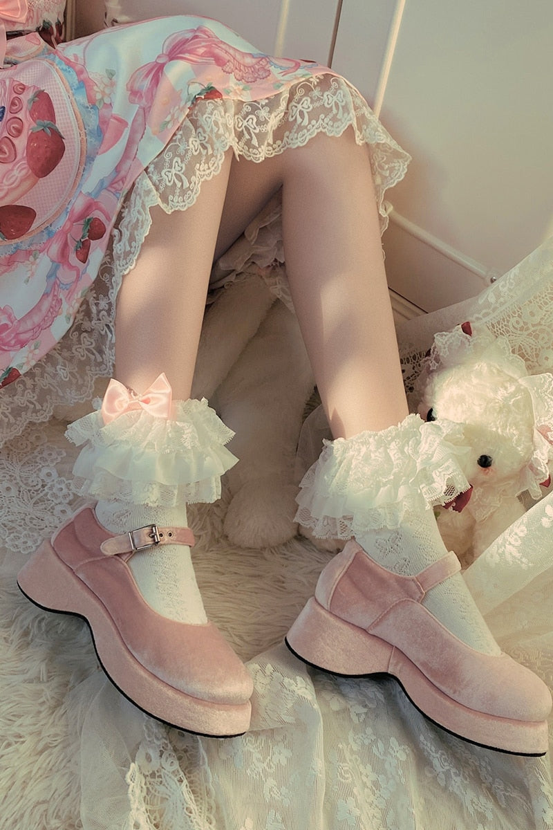 Cute white Lolita lace pink bow socks