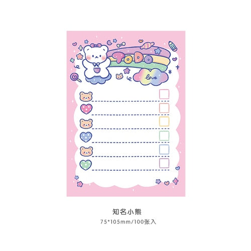 100 pcs Kawaii Cartoon Rainbow Bear Memo Pad
