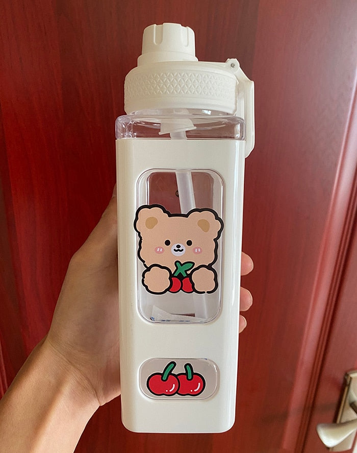 Kawaii Bear White Pink Rectangle Plastic Bottle With 3D Sticker