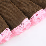 Brown Corduroy Y2K Pleated Skirt Pink Lace