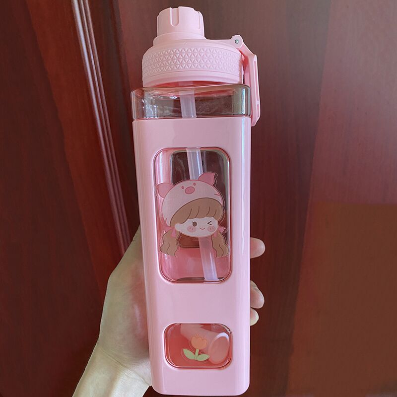 Kawaii Cartoon Plastic Water Bottle With Straw 700/900ml