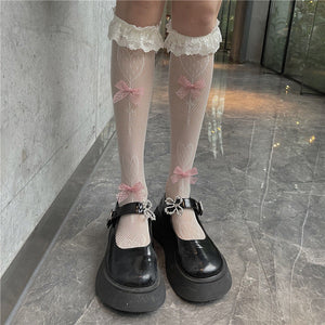 Black/White Mesh Calf Socks Pink Bowknot