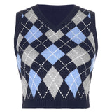 y2k Sweater Plaid Patched Knitwear Sleeveless