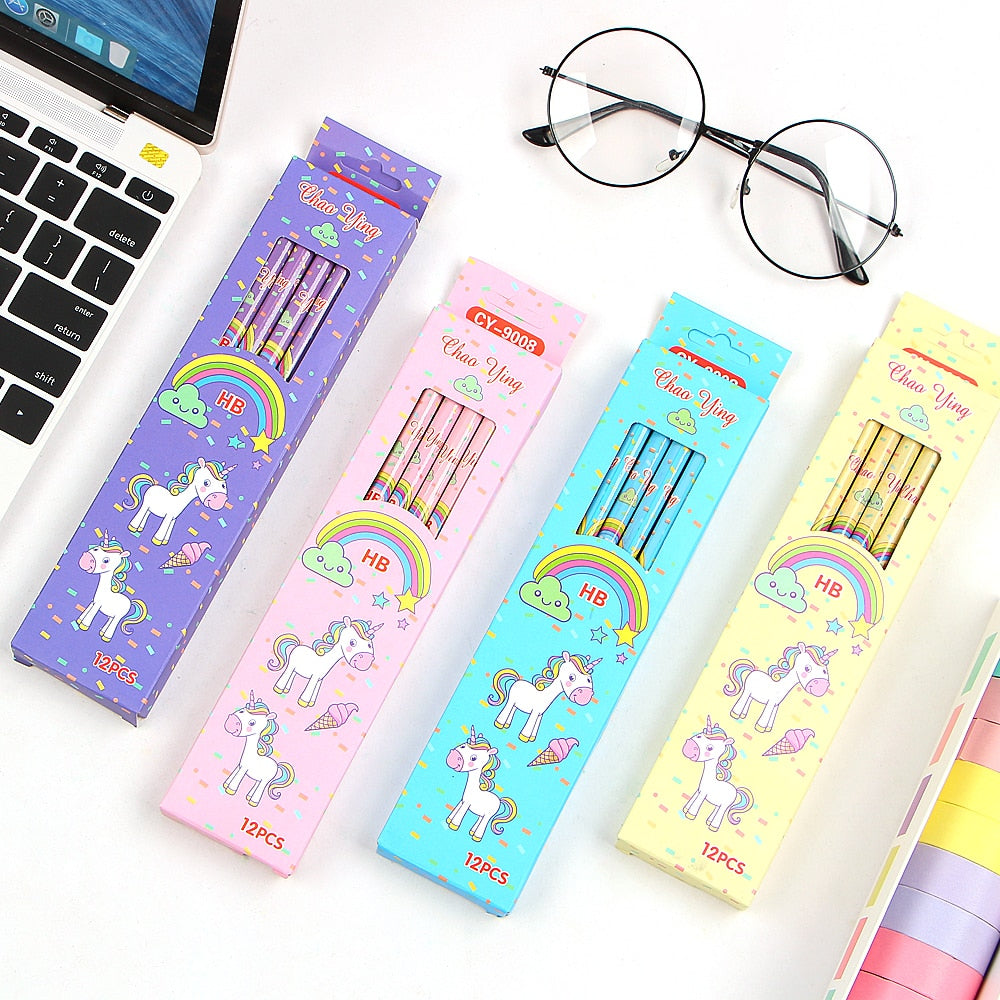 12Pcs/Set Cute Kawaii Cartoon Unicorn Pencil HB with Rubbers