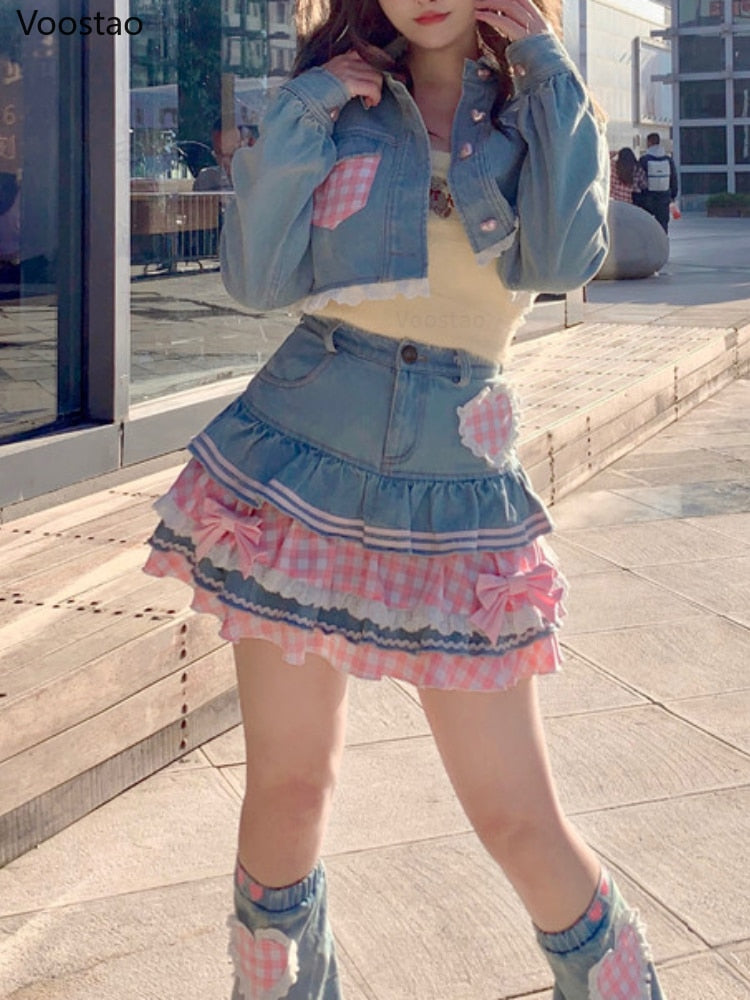 Sweet Pink Lace Style Mini Denim Skirt
