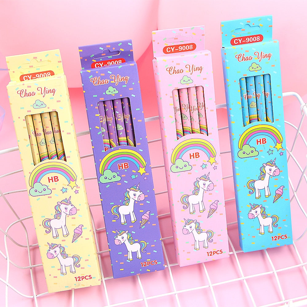 12Pcs/Set Cute Kawaii Cartoon Unicorn Pencil HB with Rubbers
