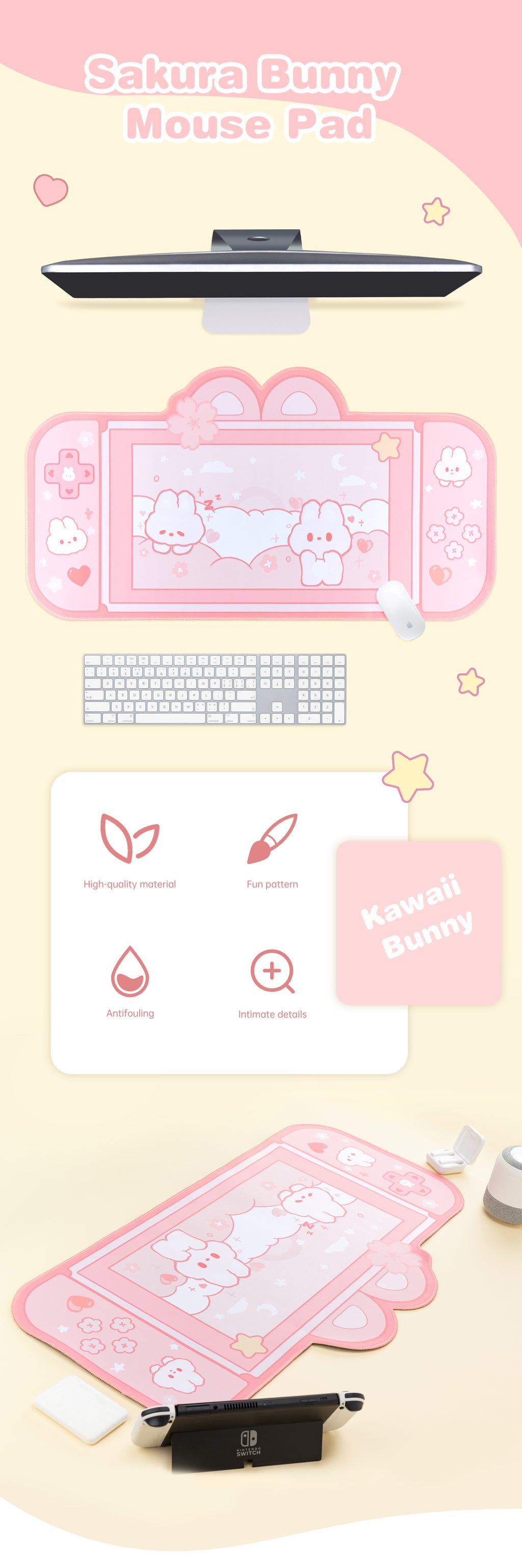 Kawaii Pink Sakura Bunny XXL Gaming Desk Mat