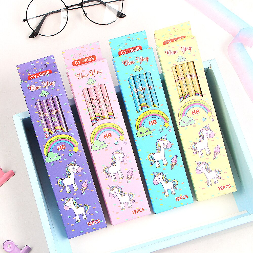 12Pcs/Set Cute Kawaii Cartoon Unicorn Pencil HB with Rubbers