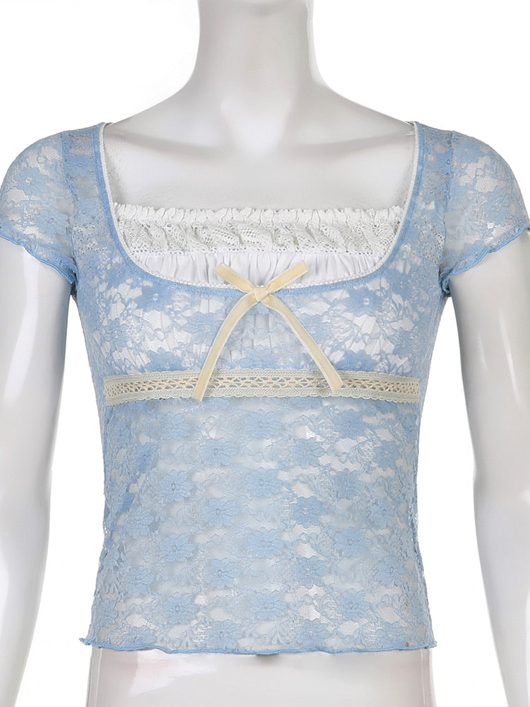 Pink/Blue Lace Trim Crop Tshirt