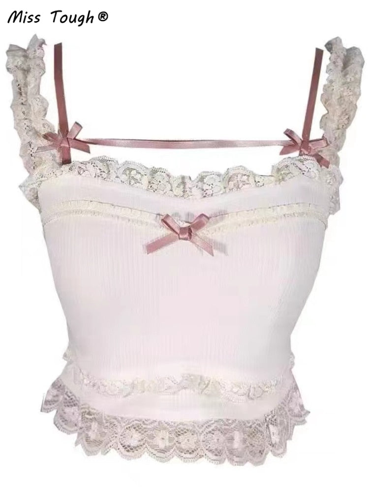 Pink Kawaii White Lace and Bow Crop Top