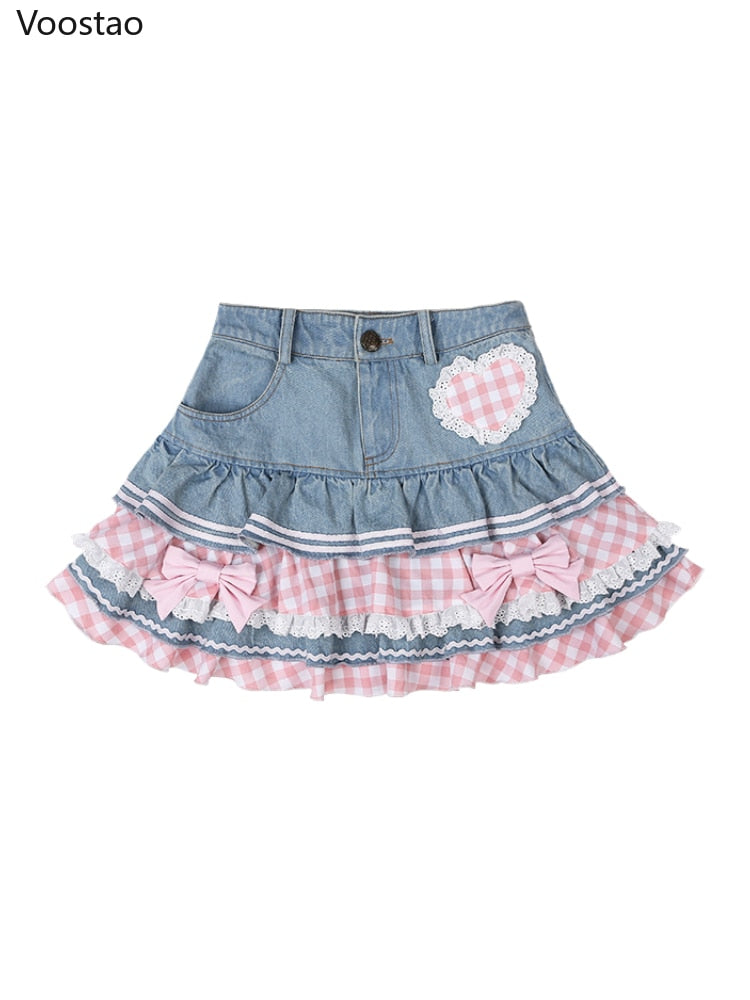 Sweet Pink Lace Style Mini Denim Skirt