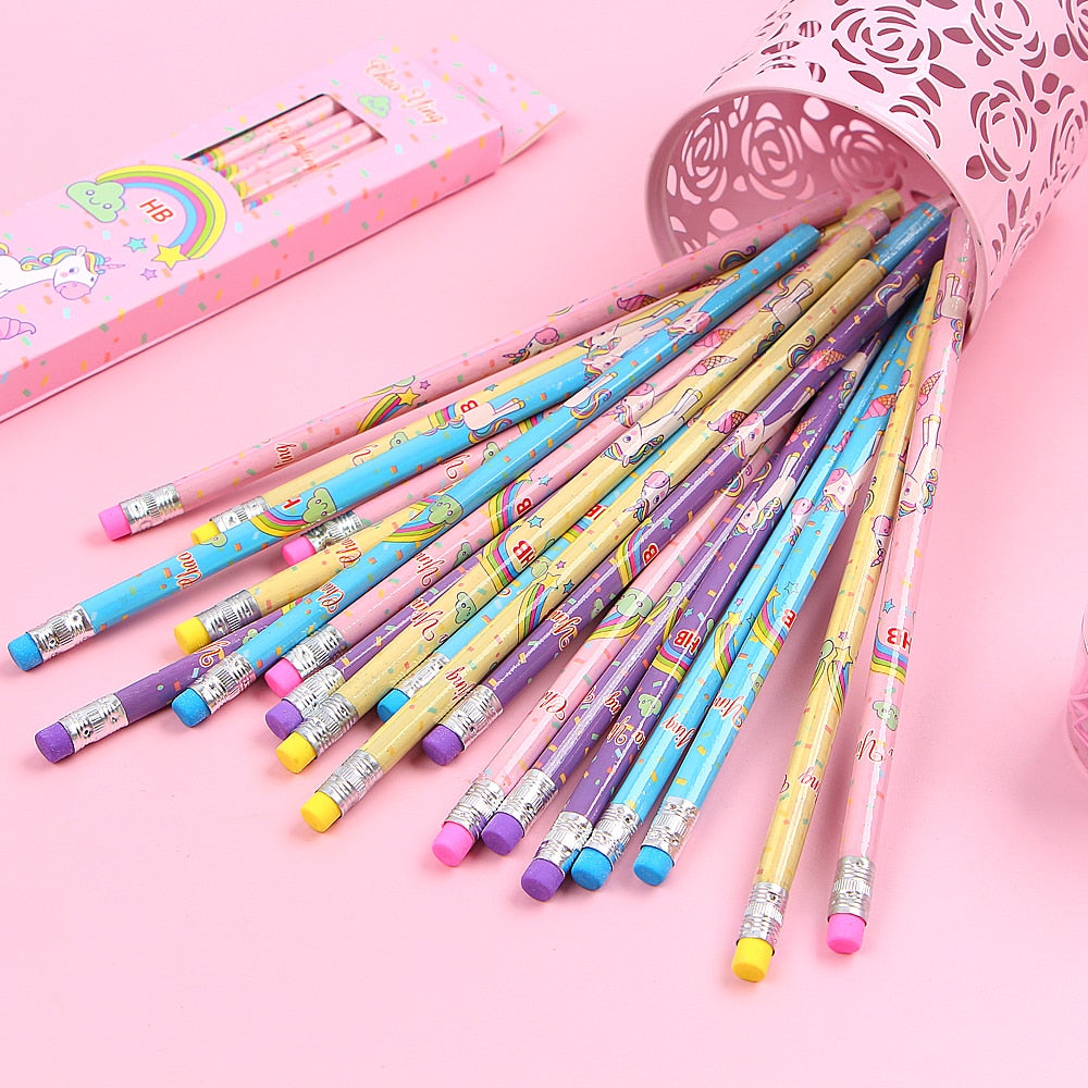 12Pcs/Set Cute Kawaii Cartoon Unicorn Pencil HB with Rubbers