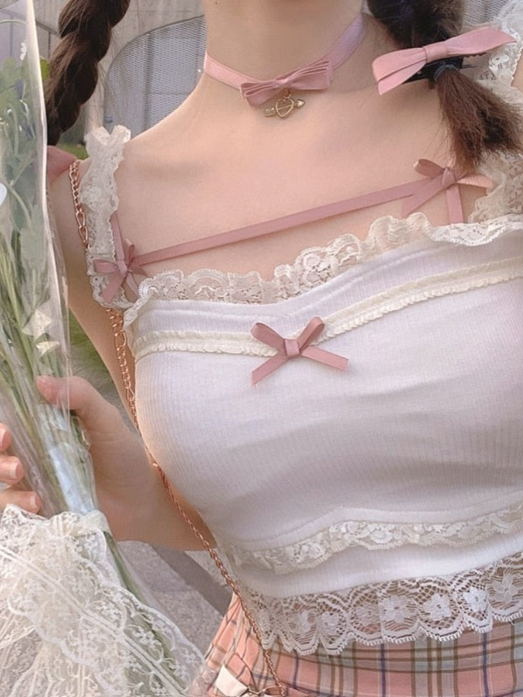 Pink Kawaii White Lace and Bow Crop Top