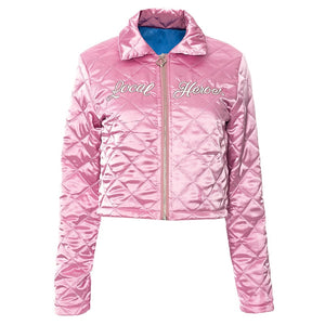 Letter Embroidery Pink Quilted Zipup Jackets