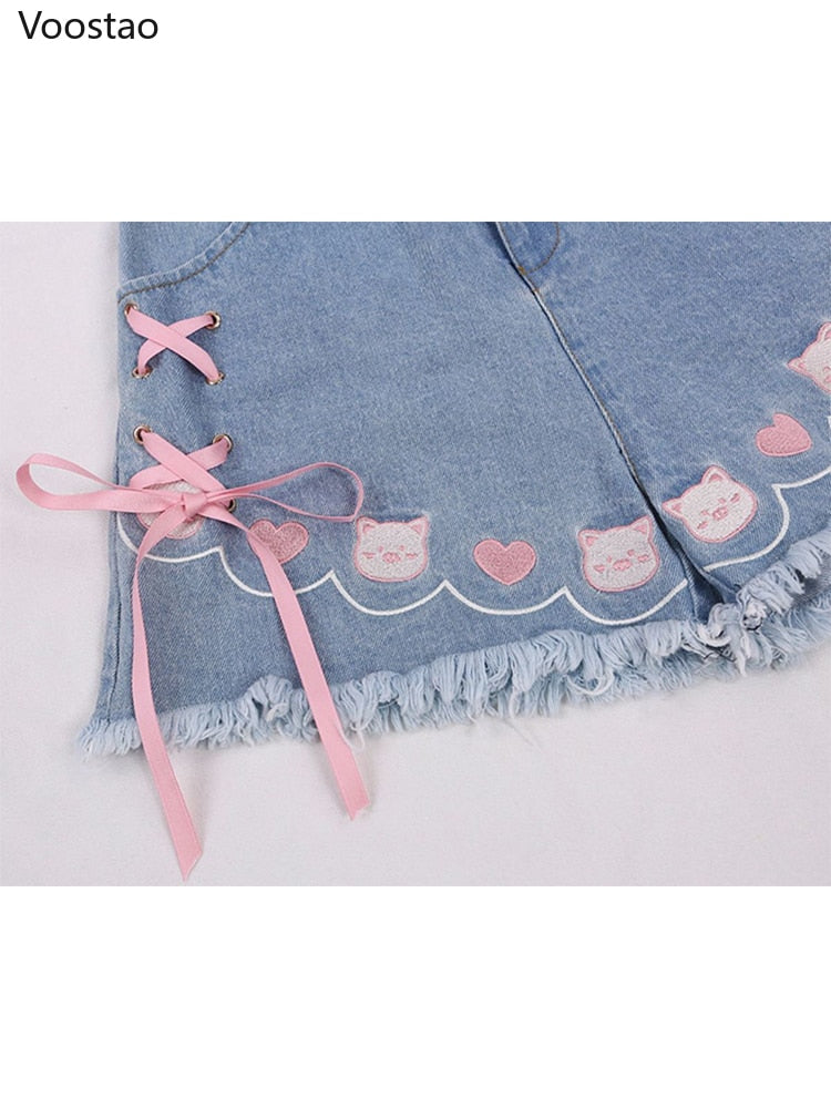 Summer Harajuku Style Denim Shorts Cute Cartoon Piggy