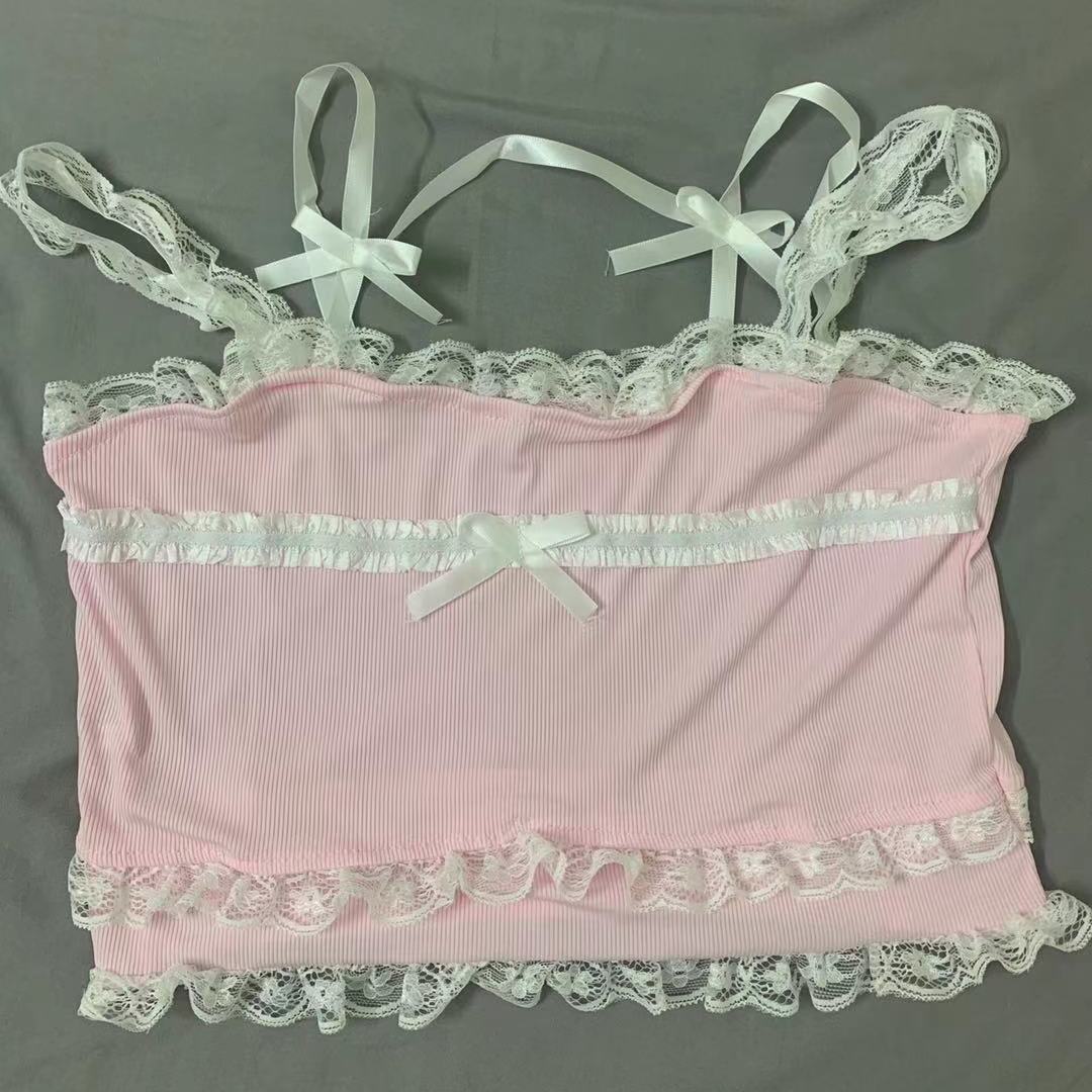 Pink Kawaii White Lace and Bow Crop Top
