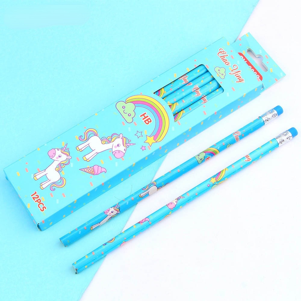 12Pcs/Set Cute Kawaii Cartoon Unicorn Pencil HB with Rubbers