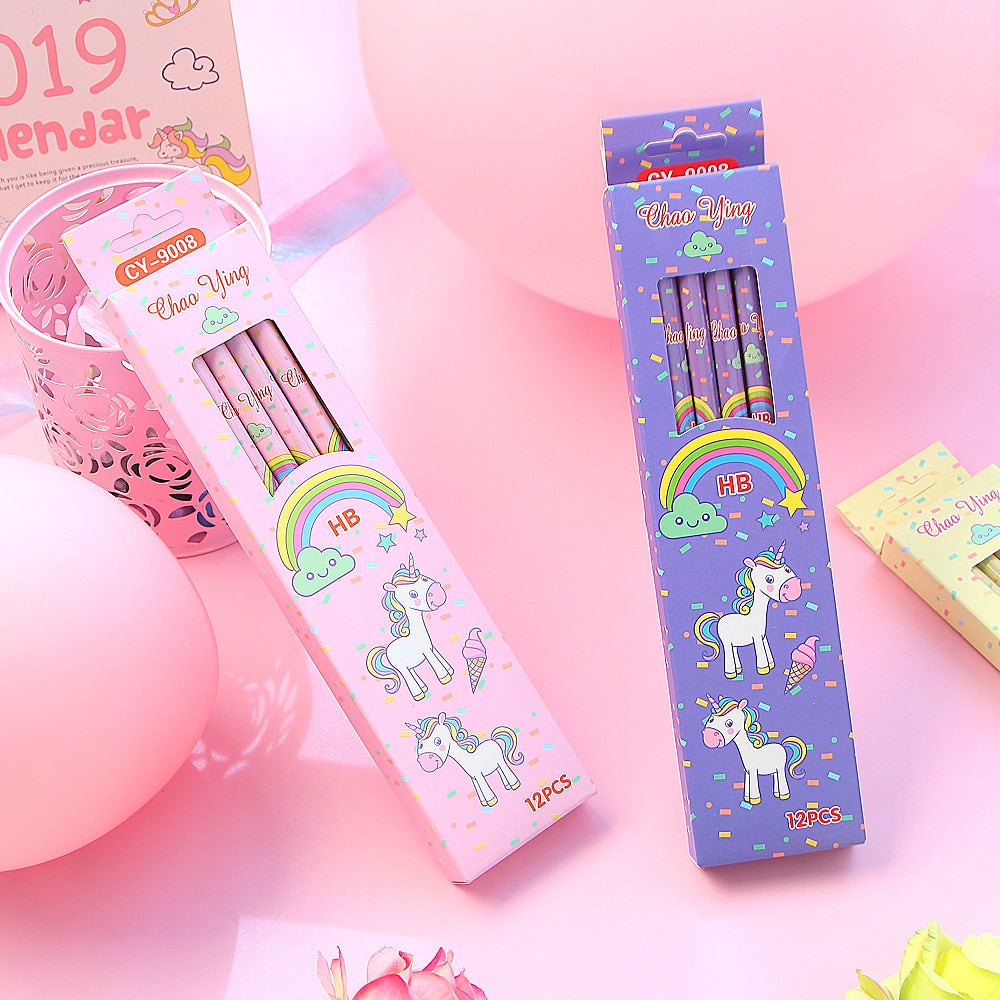 12Pcs/Set Cute Kawaii Cartoon Unicorn Pencil HB with Rubbers