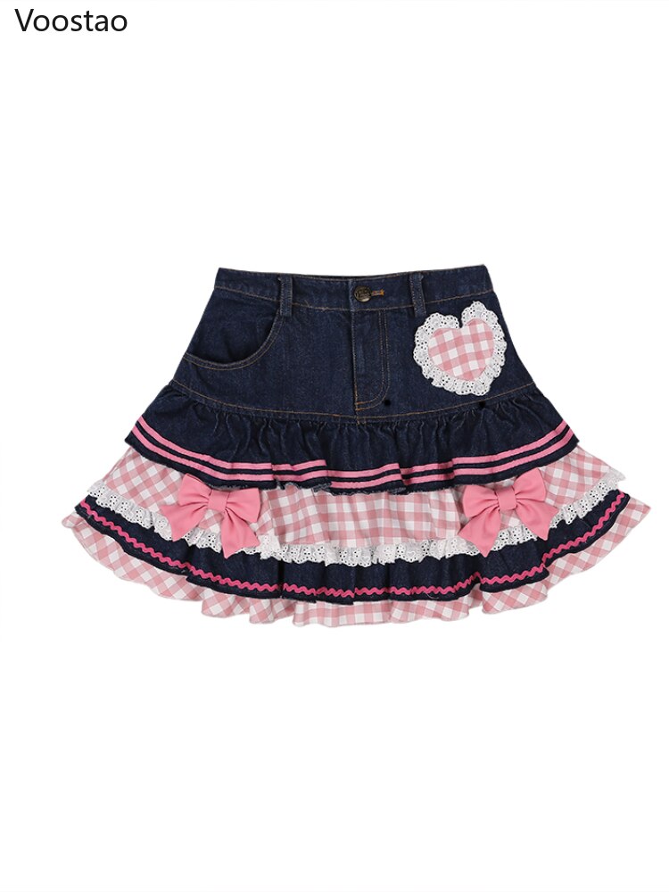 Sweet Pink Lace Style Mini Denim Skirt