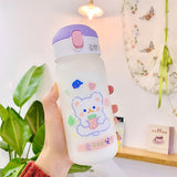 480ml Kawaii Bear Strawberry Frosted Glass Water Bottle Leakproof