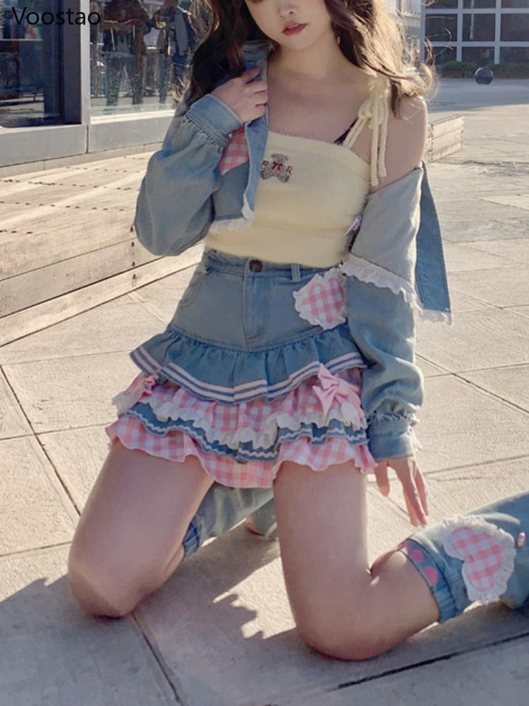 Sweet Pink Lace Style Mini Denim Skirt