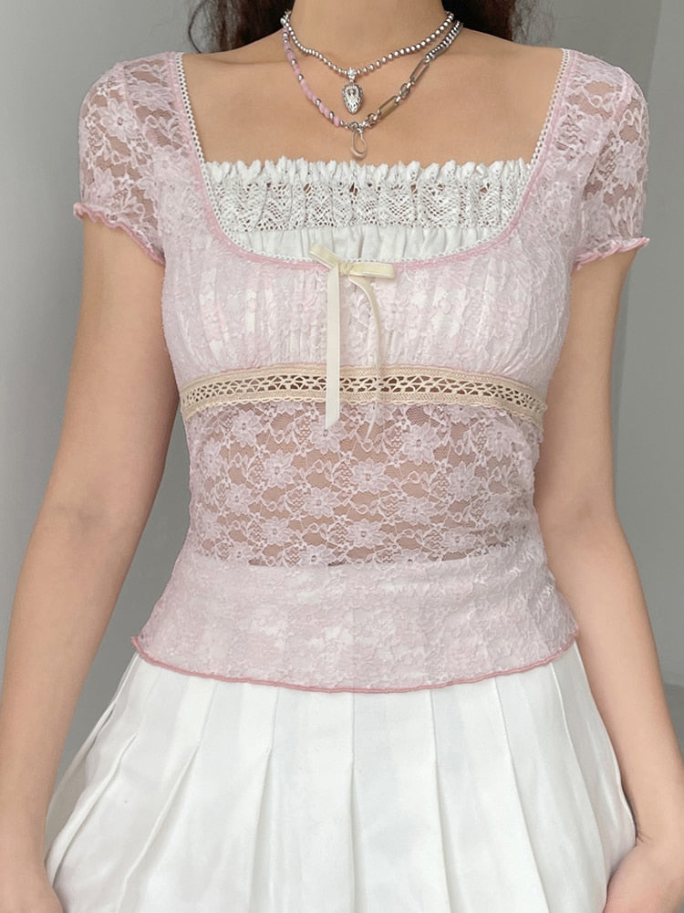 Pink/Blue Lace Trim Crop Tshirt