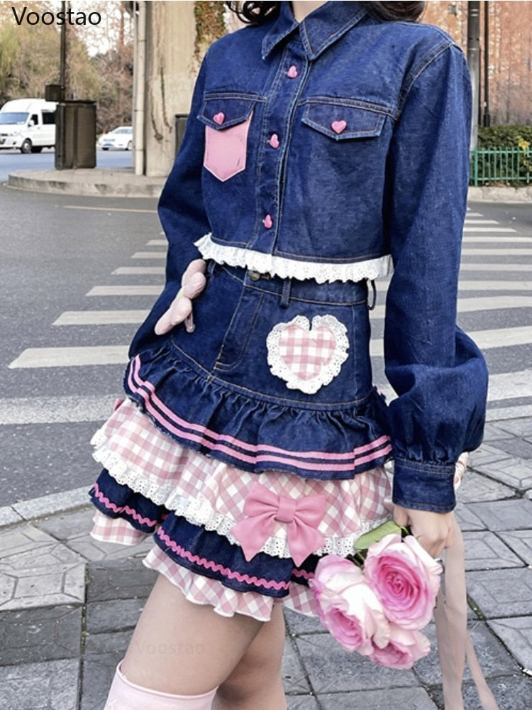Sweet Pink Lace Style Mini Denim Skirt