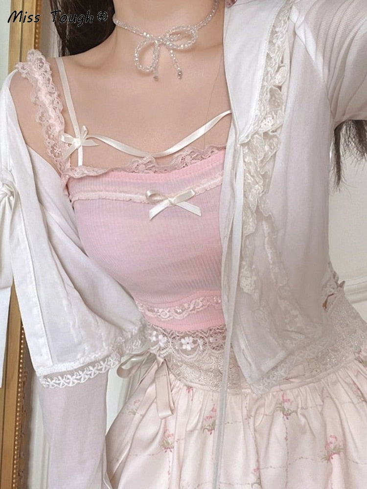 Pink Kawaii White Lace and Bow Crop Top