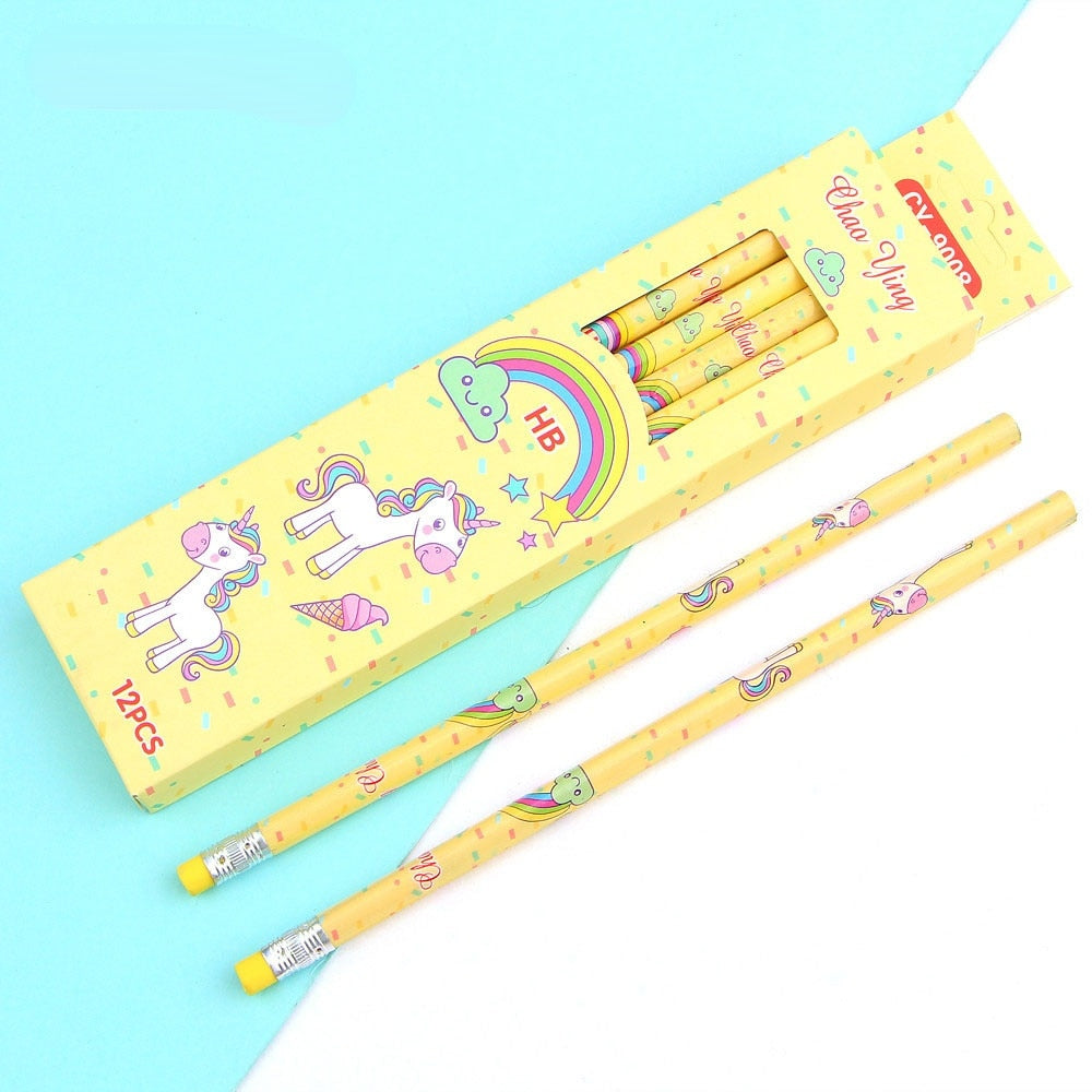 12Pcs/Set Cute Kawaii Cartoon Unicorn Pencil HB with Rubbers