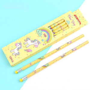 12Pcs/Set Cute Kawaii Cartoon Unicorn Pencil HB with Rubbers