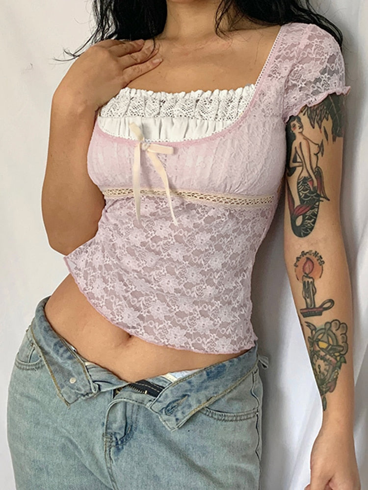 Pink/Blue Lace Trim Crop Tshirt