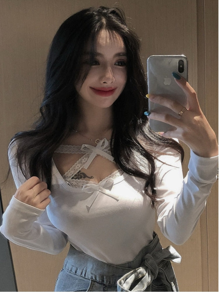 Crossed Lace Long Sleeve Top with Bows