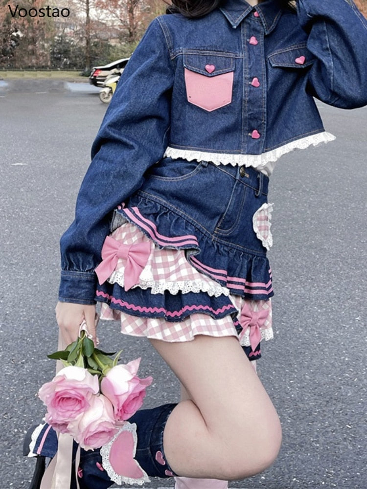 Sweet Pink Lace Style Mini Denim Skirt