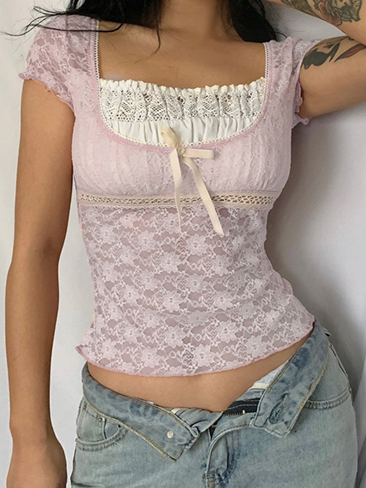 Pink/Blue Lace Trim Crop Tshirt