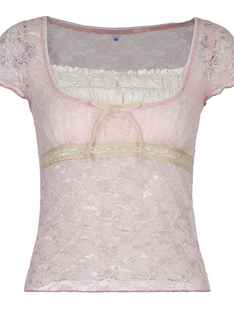 Pink/Blue Lace Trim Crop Tshirt